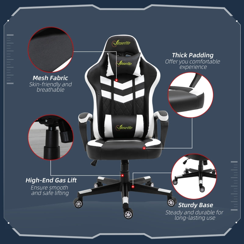 Vinsetto Racing Gaming Chair with Lumbar Support, Headrest, Swivel Wheel, PVC Leather Gamer Desk Chair for Home Office, Black White