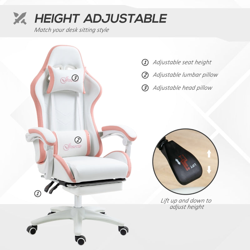 Vinsetto Racing Gaming Chair, Reclining PU Leather Computer Chair with 360 Degree Swivel Seat, Footrest, Removable Headrest White and Pink