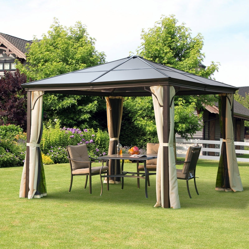 Outsunny 3 x 3(m) Hardtop Gazebo Canopy with Polycarbonate Roof and Aluminium Frame, Garden Pavilion with Mosquito Netting and Curtains, Brown