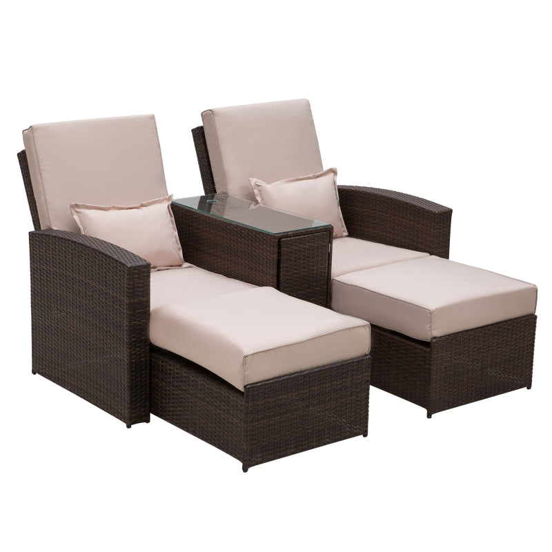 Outsunny Outdoor Garden Rattan Companion Sofa Chair & Stool Lounger Recliner Love Sunbed Daybed Patio Wicker Weave Furniture Set Assembled Brown