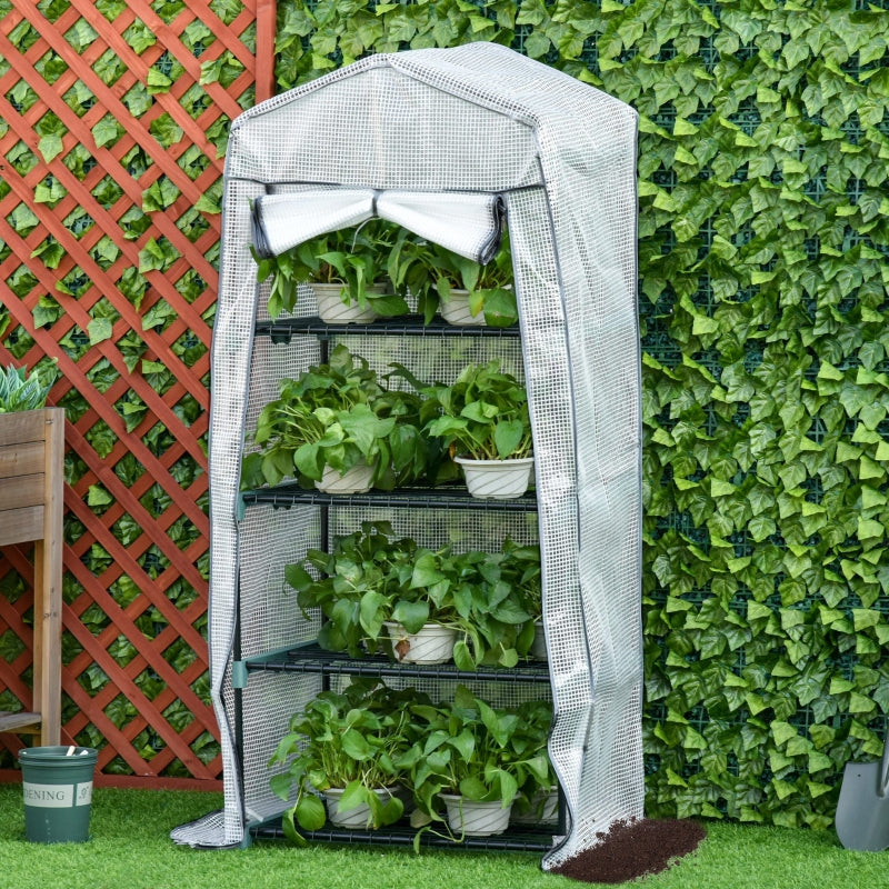 Outsunny 4 Tiers Mini Portable Greenhouse Plant Grow Shed Metal Frame PE Cover 160H x 70L x 50Wcm, White