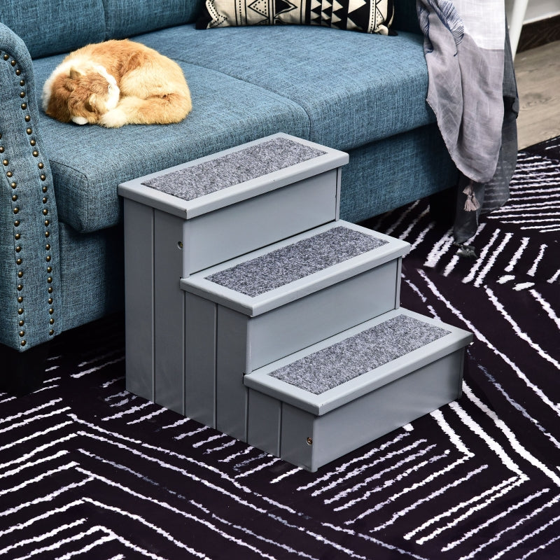 PawHut 3 Step Wooden Pet Stairs Steps Dog Stairs Carpet Non Slip Grey