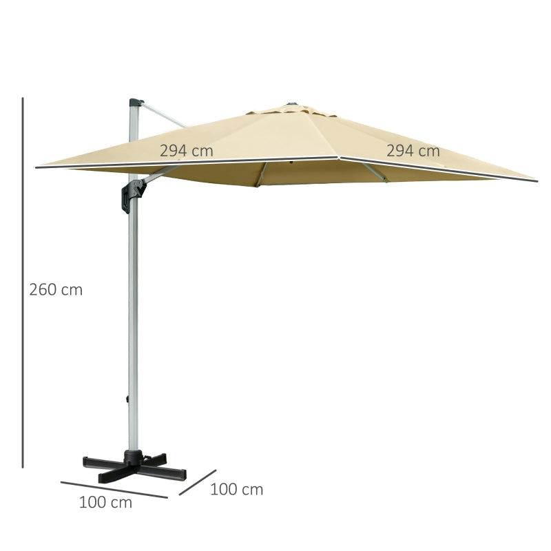 Outsunny 3 x 3(m) Cantilever Roma Parasol with Aluminum Frame Crank & Tilt, 360°Rotating Garden Umbrella 250g Polyester SunShade with CrossBase Beige