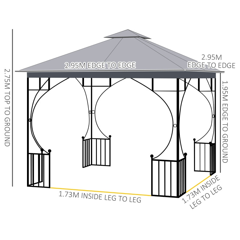 Outsunny 3 x 3 M Garden Gazebo Patio Party Tent Shelter Outdoor Canopy Double Tier Sun Shade Metal Frame Light Grey