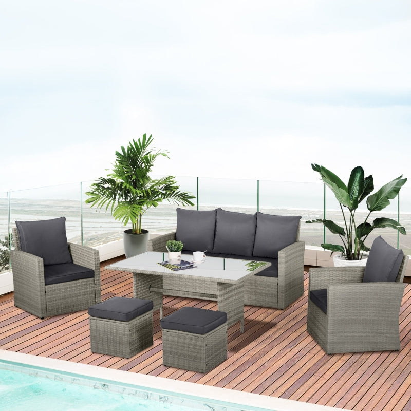 Outsunny 6 PCS Outdoor Patio PE Rattan Wicker Tempered Glass Dining Table Sets for Garden Backyard w/ Cushions & Mixed Grey