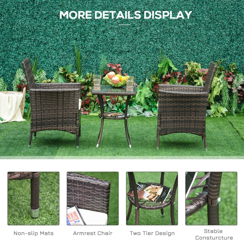 Outsunny Garden Outdoor Rattan Furniture Bistro Set 3 PCs Patio Weave Companion Chair Table Set Conservatory (Brown)