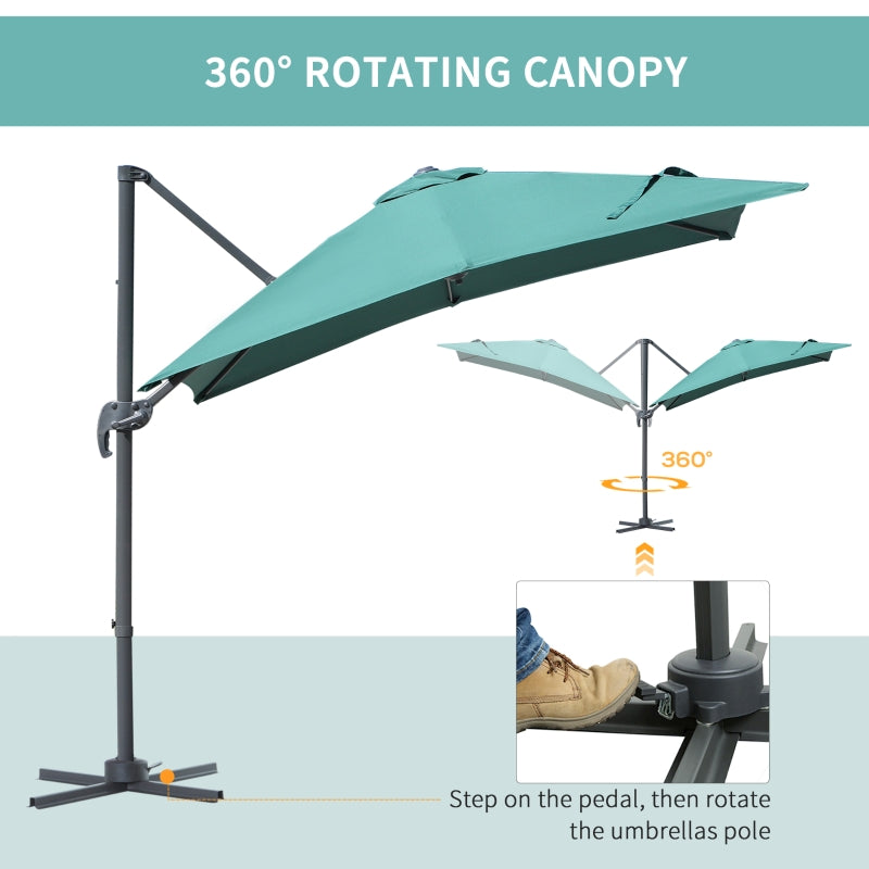 Outsunny 2.5 x 2.5m Square Patio Parasol Offset Cantilever Sun Umbrella 360° Rotation w/ Cross Base - Green