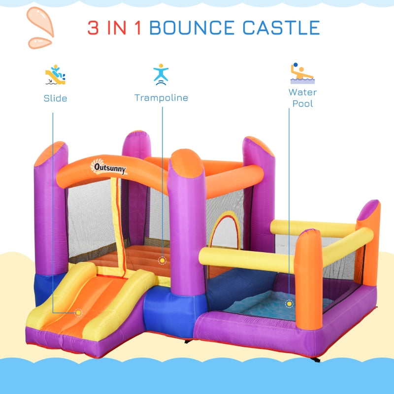 Outsunny Kids Bounce Castle House Inflatable Trampoline Slide Water Pool 3 in 1 with Inflator for Kids Age 3-12 Multi-color 3 x 2.8 x 1.7m