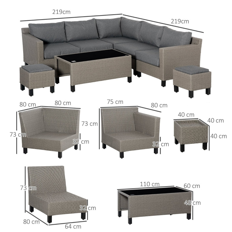 Outsunny 7-Seater PE Rattan Sofa Set Wicker Garden Furniture Patio Conservatory Corner Sofa, w/ Tempered Glass Coffee Table & Cushions, Grey