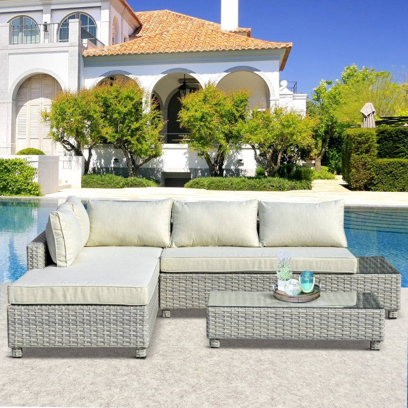 Outsunny 3 Pieces Outdoor PE Rattan Sofa Set, Patio Wicker Sectional Conversation Aluminium Frame Furniture Set, 4-Level Adjust Backrest Chaise Lounge