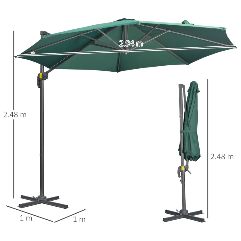 Outsunny 3 x 3(m) Cantilever Parasol with Cross Base, Garden Umbrella with 360° Rotation, Crank Handle and Tilt for Outdoor, Patio, Green