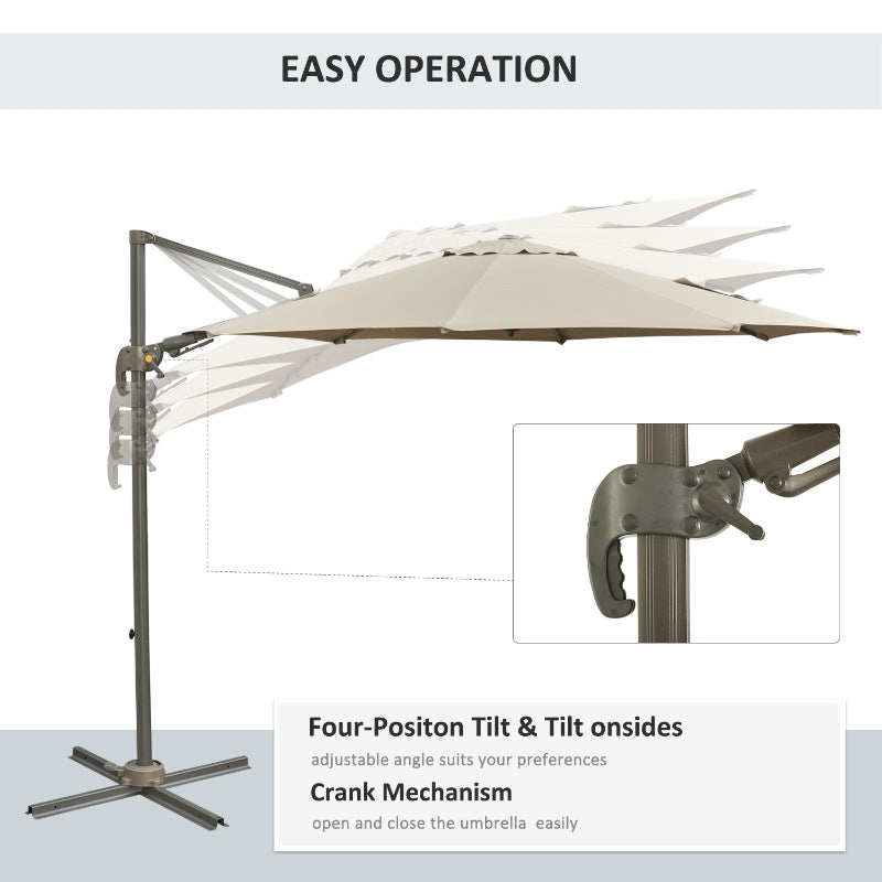 Outsunny 3M Cantilever Patio Parasol Roma Umbrella Hanging Sun Shade Canopy Cover Tilt Crank 360 Degree Rotating System Khaki