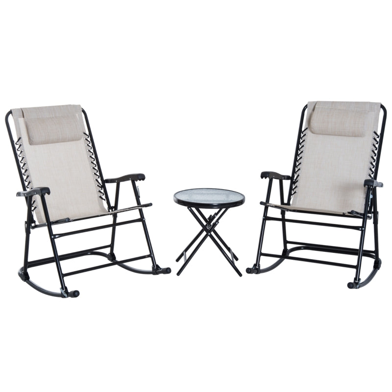 Outsunny 3 Piece Outdoor Rocking Set with 2 Folding Chairs and 1 Tempered Glass Table, Patio Bistro Set for Garden, Deck, Beige