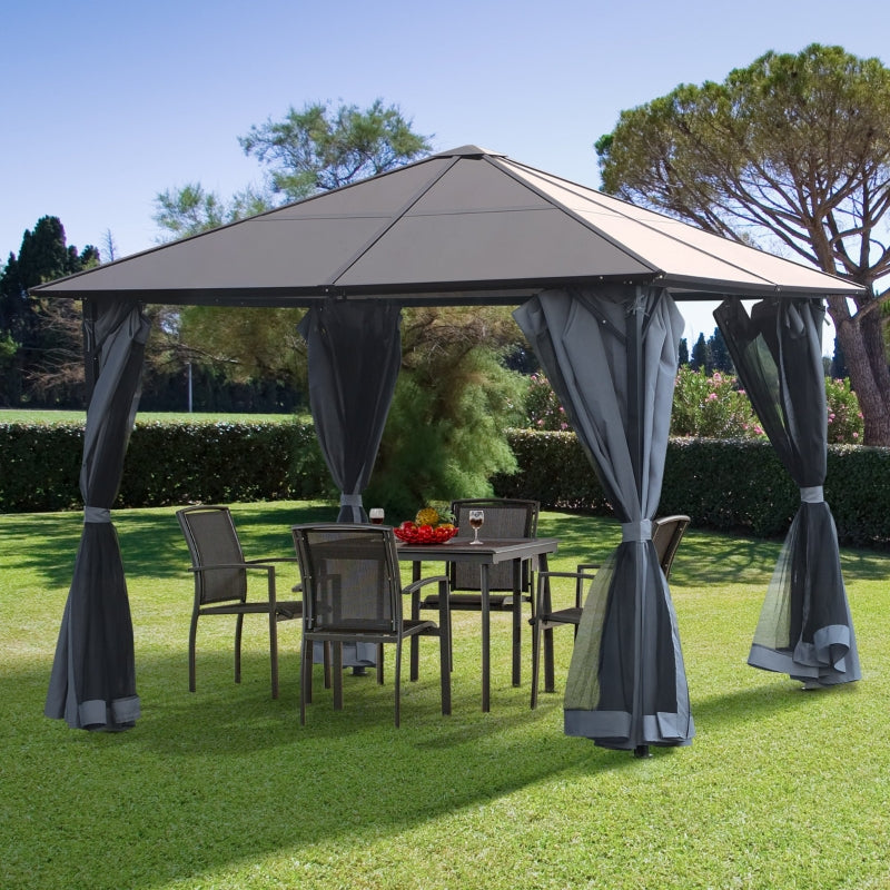 Outsunny 3 x 3(m) Garden Aluminium Gazebo Hardtop Roof Canopy Marquee Party Tent Patio Outdoor Shelter with Mesh Curtains & Side Walls - Grey