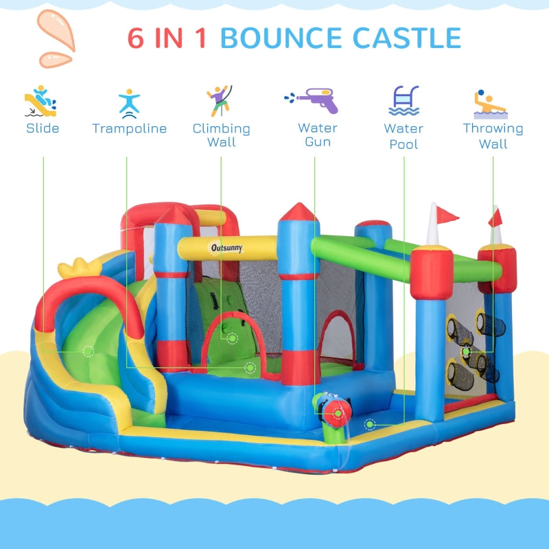 Outsunny 5 in 1 Kids Bounce Castle Large Castle Style Inflatable House Slide Trampoline Pool Water Gun Climbing Wall for Kids Age 3-8