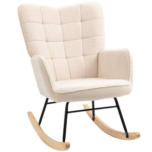 HOMCOM Wingback Rocking Chair for Nursing, Berber Fleece Nursery Glider Rocker, Modern Armchair for Living Room, Beige