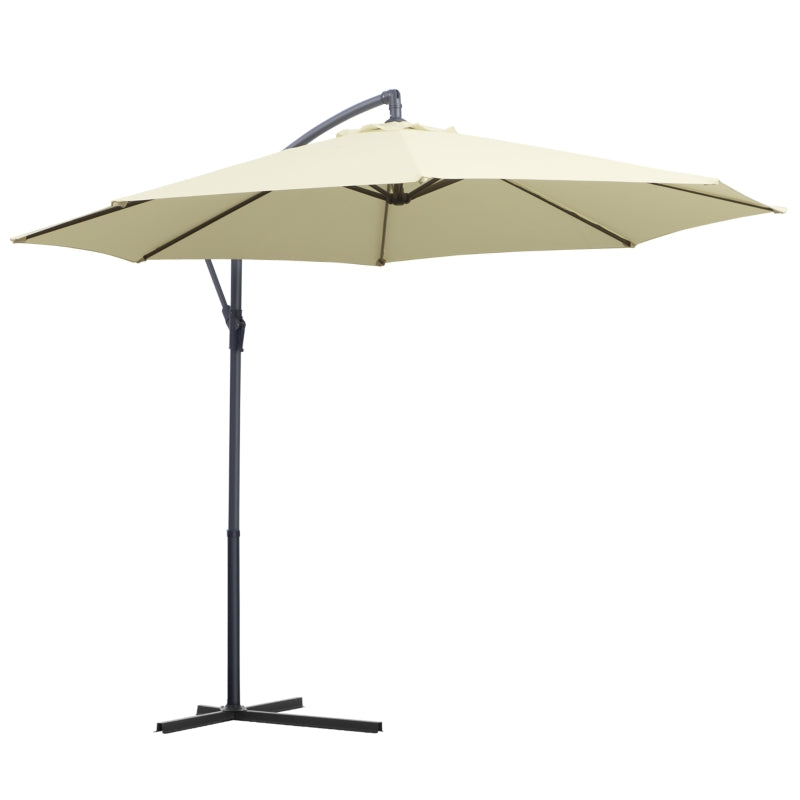 Outsunny 3(m) Garden Cantilever Parasol Patio Banana Hanging Umbrella Sun Shade with Crank & Tilt, 8 Ribs and Cross Base, Cream White