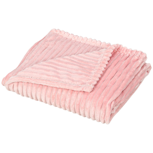 HOMCOM Flannel Fleece Throw Blanket, Fluffy Warm Throw Blanket, Striped Reversible Travel Bedspread, Single Size, 152 x 128cm, Pink