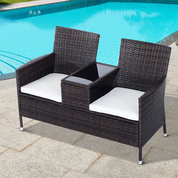 Outsunny Garden Rattan 2 Seater Companion Seat Wicker Love Seat Weave Partner Bench w/ Cushions Patio Outdoor Furniture (Brown)