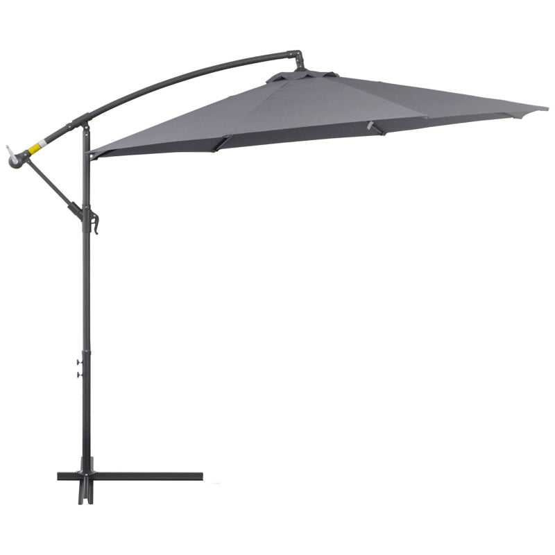 Outsunny 3(m) Garden Banana Parasol Cantilever Umbrella with Crank Handle and Cross Base, 8 Ribs for Outdoor, Hanging Sun Shade, Grey