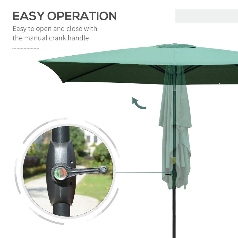 Outsunny 2 x 3m Rectangular Market Umbrella Patio Outdoor Table Umbrellas with Crank & Push Button Tilt, Green