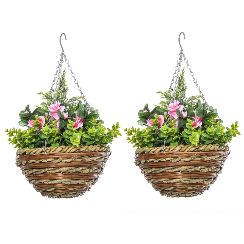 Outsunny Set of 2 Artificial Plant Lisianthus Flowers Hanging Planter with Basket for Indoor Outdoor Decoration