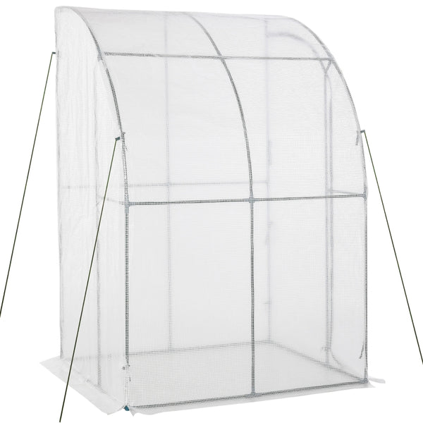 Outsunny Outdoor Walk-In Lean to Wall Greenhouse with Zippered Roll Up Door and PE Cover, 143L x 118W x 212Hcm, White