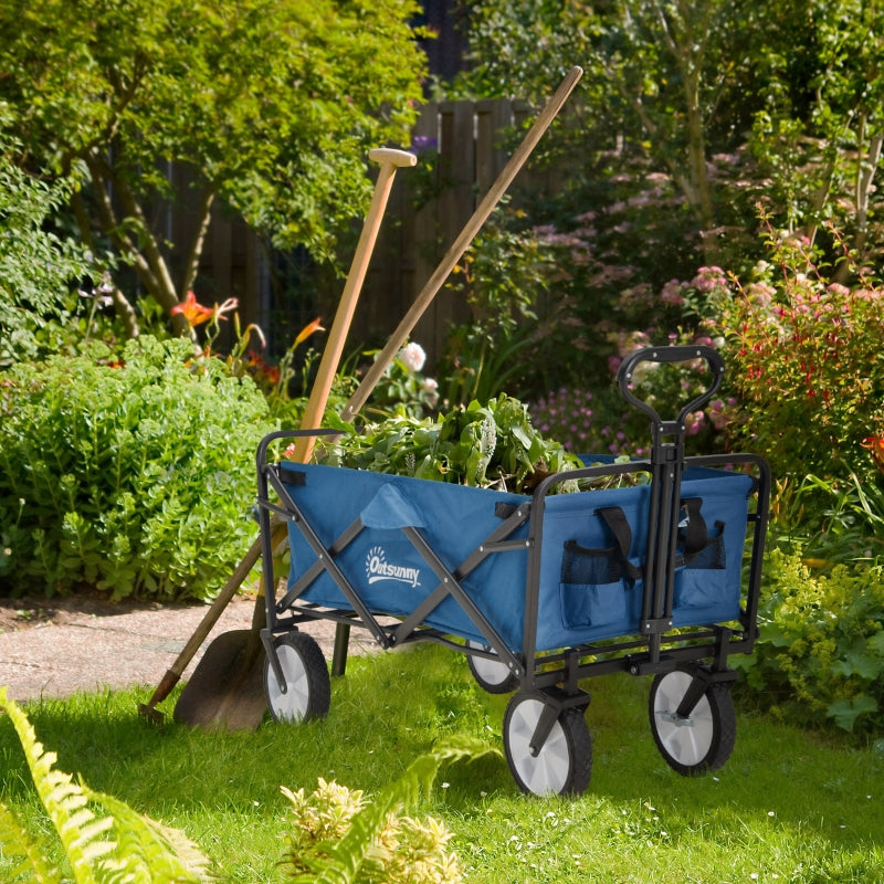 Outsunny Pull Along Cart Folding Cargo Wagon Trailer Trolley for Beach Garden Use with Telescopic Handle - Blue