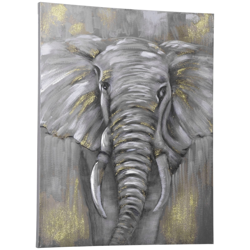 HOMCOM Hand-Painted Metal Canvas Wall Art Grey African Elephant, Wall Pictures for Living Room Bedroom Decor, 100 x 80 cm