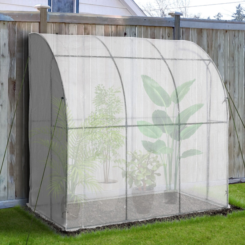 Outsunny Outdoor Walk-In Lean to Wall Greenhouse with Zippered Roll Up Door and PE Cover, 214L x 118W x 212Hcm, White