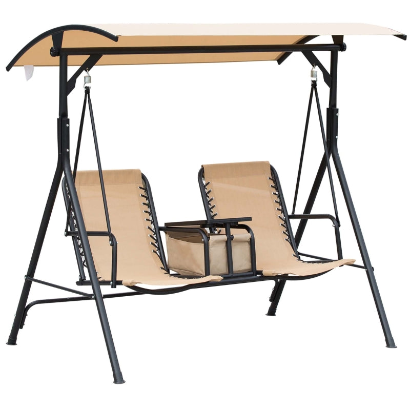 Outsunny 2-Seater Swing Chair Steel Frame Adjustable Canopy Texteline Garden Swing Seat w/ Middle Table Cup Holders Heavy Duty Outdoor Patio - Beige