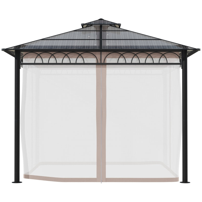 Outsunny 3 x 3 (m) Outdoor Polycarbonate Gazebo, Double Roof Hard Top Gazebo with Galvanized Steel Frame, Nettings & Curtains