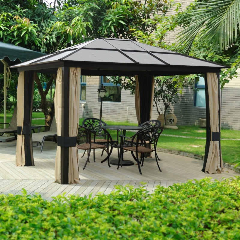 Outsunny 3.6 x 3(m) Hardtop Gazebo Canopy with Polycarbonate Roof and Aluminium Frame, Garden Pavilion with Mosquito Netting and Curtains, Brown