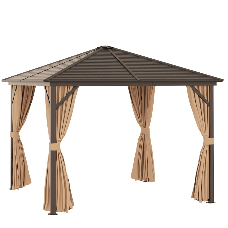 Outsunny 3 x 3 Meters Patio Aluminium Gazebo Hardtop Metal Roof Canopy Party Tent Garden Outdoor Shelter with Mesh Curtains & Side Walls - Brown