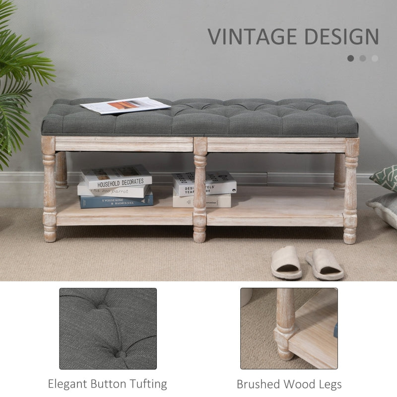 HOMCOM 2 Tier Shoe Rack Bench with Button Tufted Upholstered Cushion, Vintage Bed End Bench, Wooden Window Seat for Hallway, Living Room, Bedroom-Grey