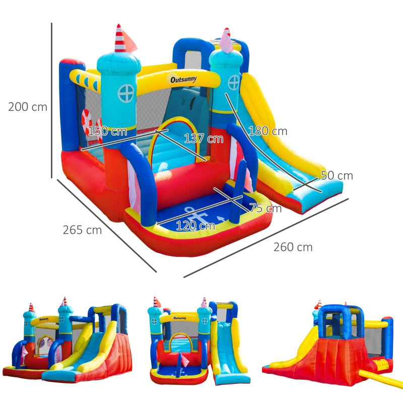 Outsunny 4 in 1 Kids Bounce Castle Large Sailboat Style Inflatable House Slide Trampoline Water Pool Climbing Wall for Kids Age 3-8, 2.65 x 2.6 x 2m