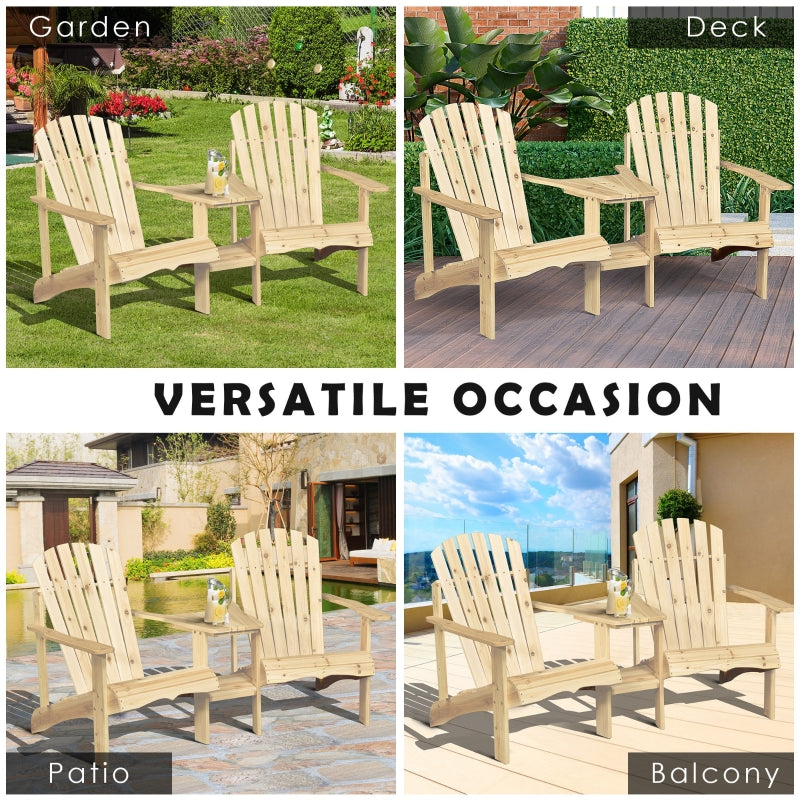 Outsunny Wooden Outdoor Double Adirondack Chairs Loveseat w/ Center Table and Umbrella Hole, Garden Patio Furniture for Lounging and Relaxing, Natural