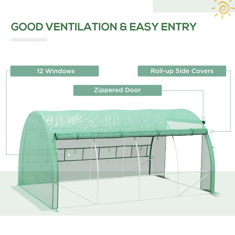 Outsunny Polytunnel Greenhouse Walk-in Grow House Tent with Roll-up Sidewalls, Zipped Door and 8 Windows, 4x3x2m Green