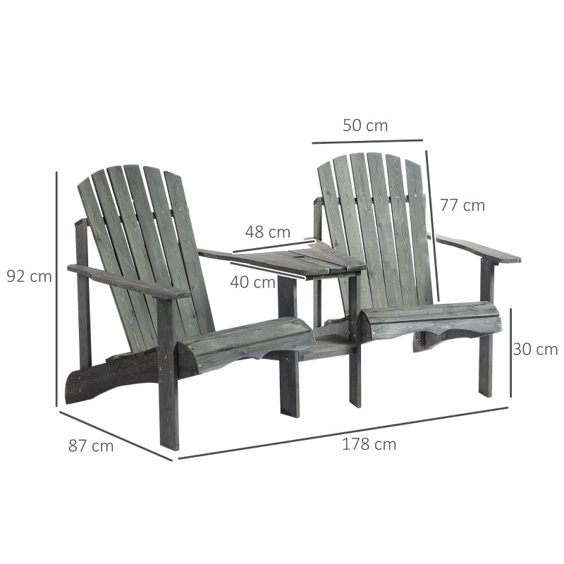 Outsunny Wooden Outdoor Double Adirondack Chairs Loveseat w/ Center Table and Umbrella Hole, Garden Patio Furniture for Lounging and Relaxing, Grey