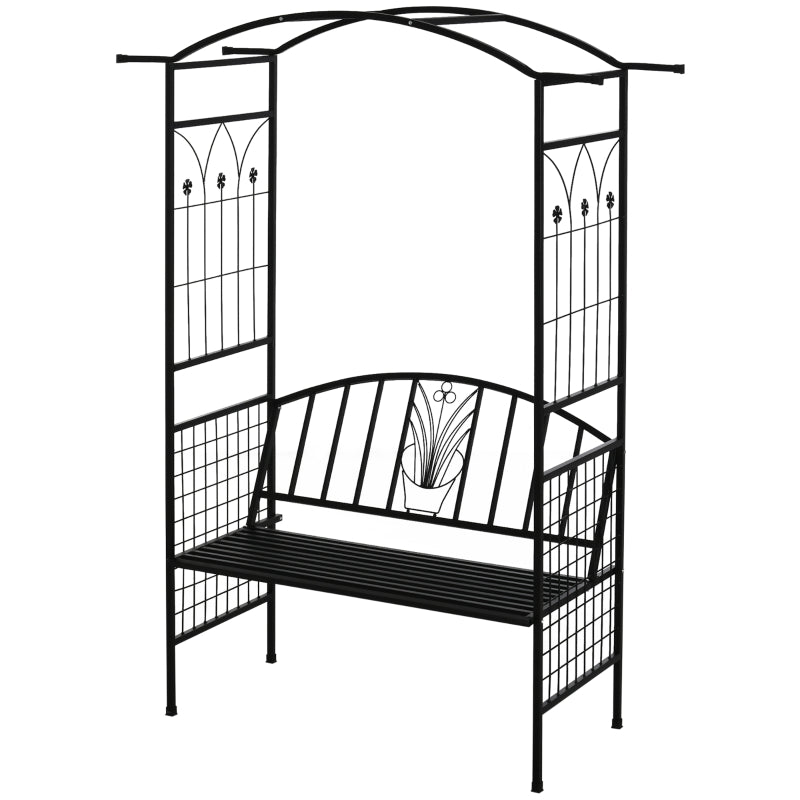 Outsunny Garden Metal Arch Arbour with Bench Love Seat Chair Outdoor Patio Rose Trellis Pergola Climbing Plant Archway Tubular - 154L x 60W x 205Hcm