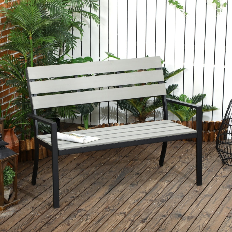 Outsunny 2 Seater Garden Bench, Slatted Outdoor Bench with Steel Frame, Garden Loveseat, 122 x 65 x 92 cm, Grey