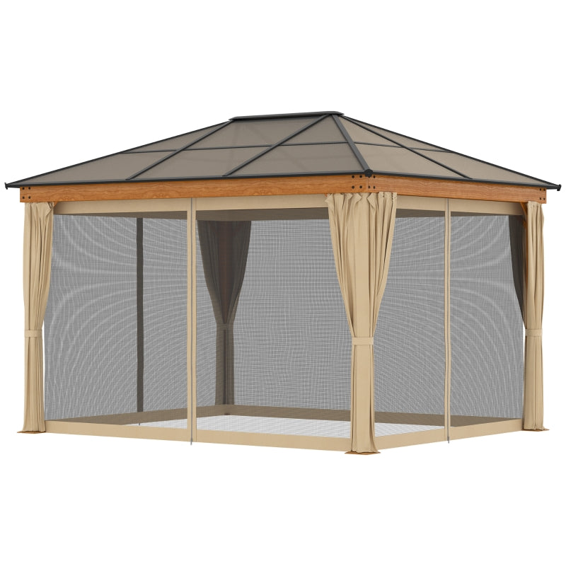 Outsunny 3 x 3.6 m Hardtop Gazebo Canopy with Polycarbonate Roof, Aluminium and Steel Frame, Nettings and Sidewalls for Garden, Patio, Khaki