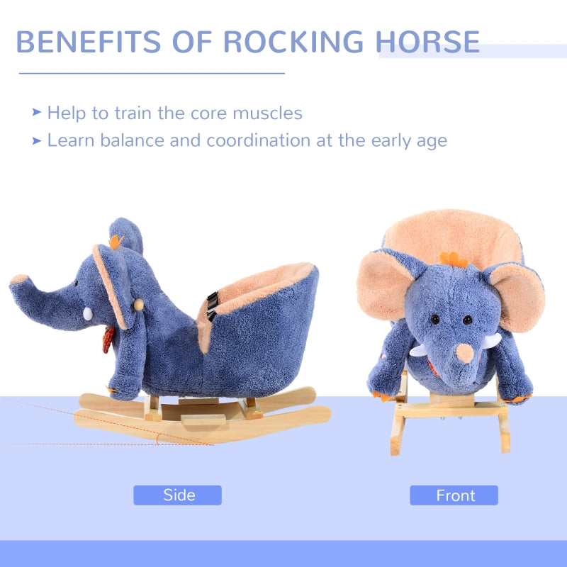 HOMCOM Children Kids Rocking Horse Toys Plush Elephant Rocker Seat with Sound Toddler Baby Gift Blue