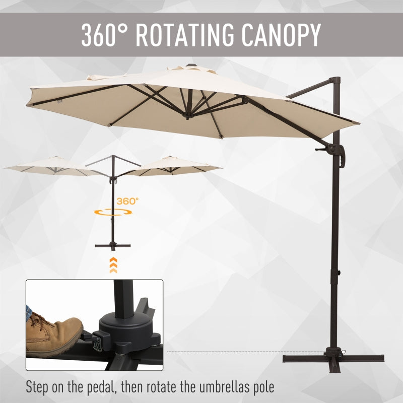 Outsunny 3M Banana Parasol Hanging Cantilever Umbrella W/ Cross Base Hand Crank Aluminium Frame 360°Rotation Hand Crank-Beige