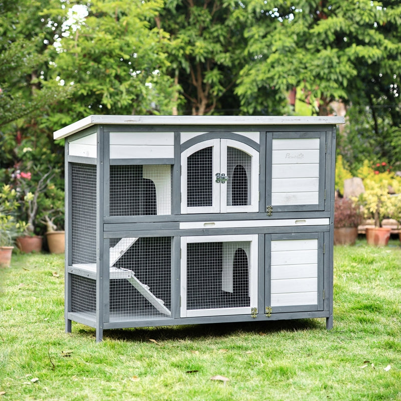 PawHut Two-Tier Wooden Rabbit Hutch Guinea Pig Cage w/ Openable Roof, Slide-Out Tray, Ramp - Grey