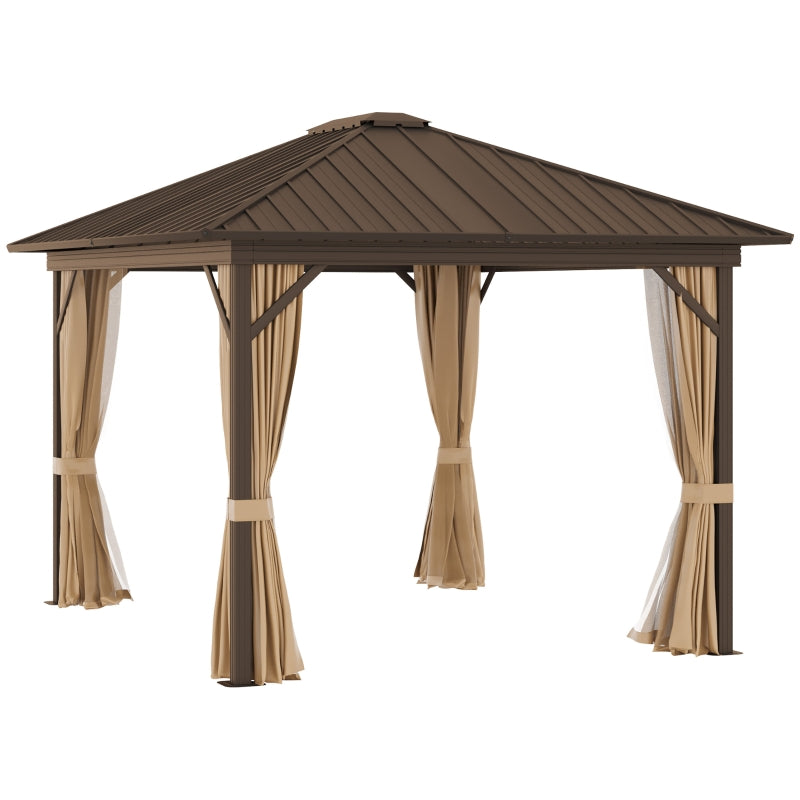 Outsunny 3.6 x 3(m) Outdoor Hardtop Gazebo Metal Roof Patio Gazebo with Aluminum Frame, Mesh Nettings, Curtains, & Roomy Interior Space, Brown