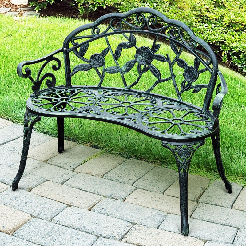 Outsunny Cast Aluminium Outdoor Garden Patio Antique Rose Style Bench Porch Park Chair Seater - Green