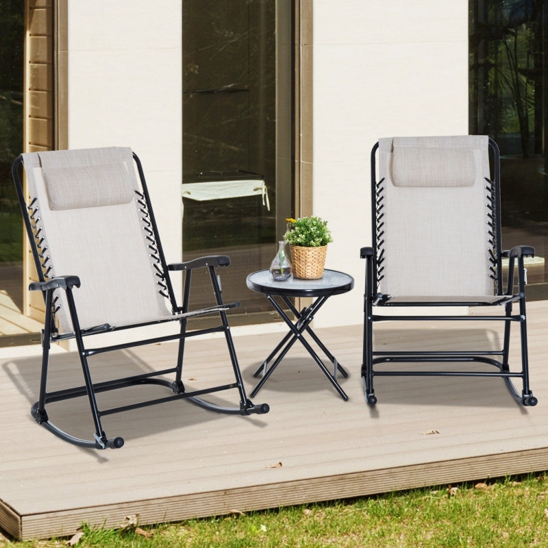 Outsunny 3 Piece Outdoor Rocking Set with 2 Folding Chairs and 1 Tempered Glass Table, Patio Bistro Set for Garden, Deck, Beige