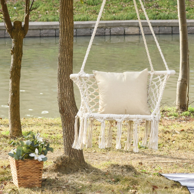 Outsunny Hanging Hammock Chair Cotton Rope Porch Swing with Metal Frame and Cushion, Large Macrame Seat for Patio, Garden, Bedroom, Cream White