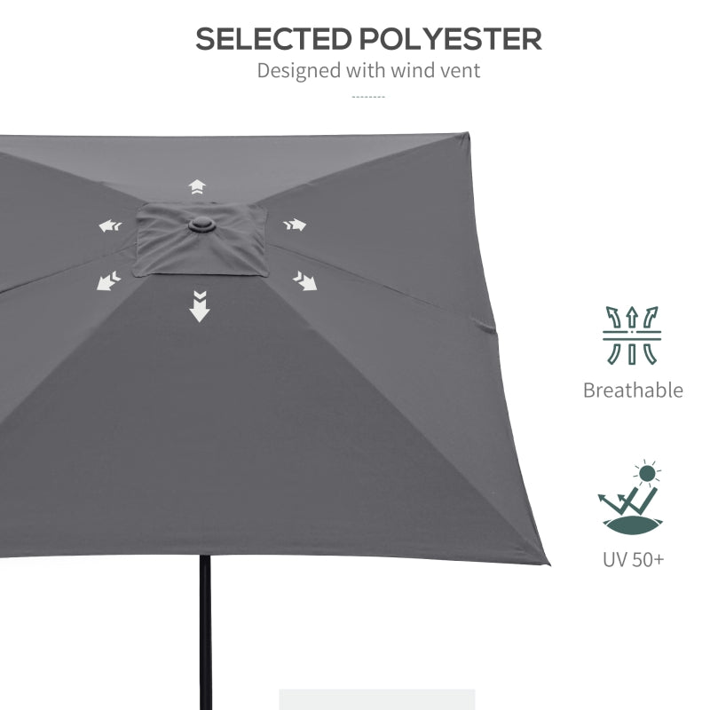 Outsunny 2 x 3(m) Garden Parasols Umbrellas Rectangular Patio Market Umbrella Outdoor Sun Shade w/ Crank & Push Button Tilt, Aluminium Pole Dark Grey